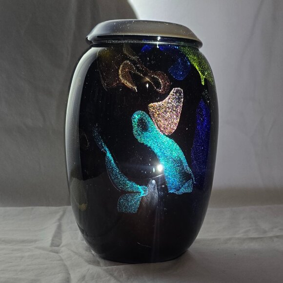 Signed 2001 Studio Hand Blown Art Glass Vase Amber Multi Metallic Flake 9"H - Picture 2 of 8